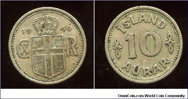 Iceland Kingdom
1940
10 Aurar
Value
Crown above coat of arms