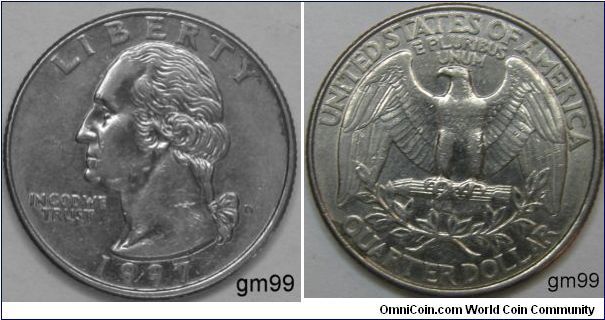 1997D 
Washington Quarter
25 Cents
Mintmark: D (for Denver, CO) on the obverse just right of the ribbon