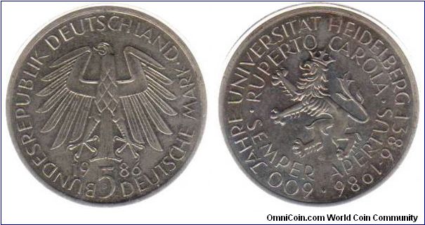 1986 FR 5 Mark - Heidelberg University - 600 years 1386-1986