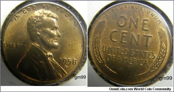 1958D Wheat Penny
Obverse; IN GOD WE TRUST, Lincoln head right, Liberty left, date right. Reverse: E PLURIBUS UNUM, ONE CENT,WHEAT ON EACH SIDE OF THE UNITED STATES OF AMERICA.