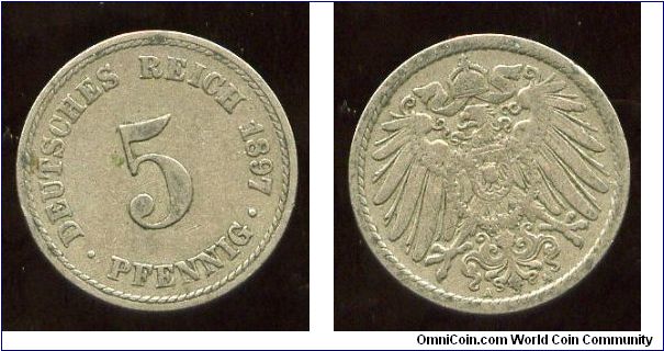 1897A
5 Pfennig
Value & date
Imperial Eagle
Mint Mrk A = Berlin