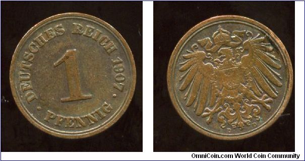 1907D
1 Pfennig
Value & date
Imperial Eagle
Mint Mrk D = Munich