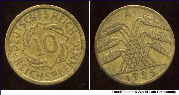10 Pfennig
1925A
Value in diamond
Crossed stalks of Wheat
Mint Mrk A = Berlin