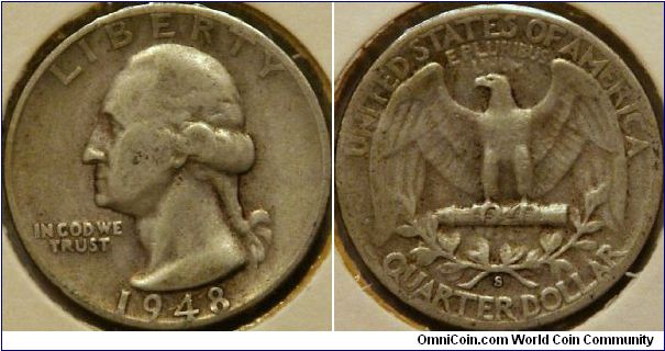 Washington quarter dollar, 1948 S mintmark, 24.3mm, Ag