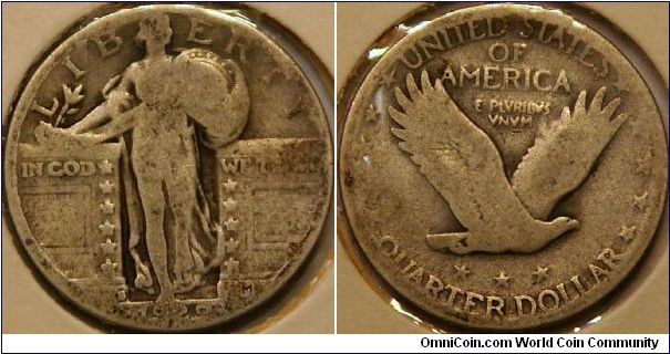 Liberty Standing quarter, 1929 S mintmark, 24.3mm Ag