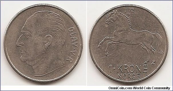 1 Krone
KM#409
7.0000 g., Copper-Nickel, 25 mm. Ruler: Olav V Obv: Head left
Rev: Horse