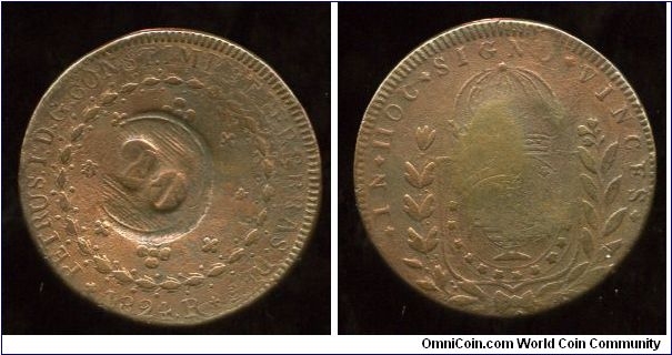 1824R
40 on 20 Reis
Value in wreath
Crown above Globe
John VI 1816-1826
Mint Mrk R = Rio De Janero