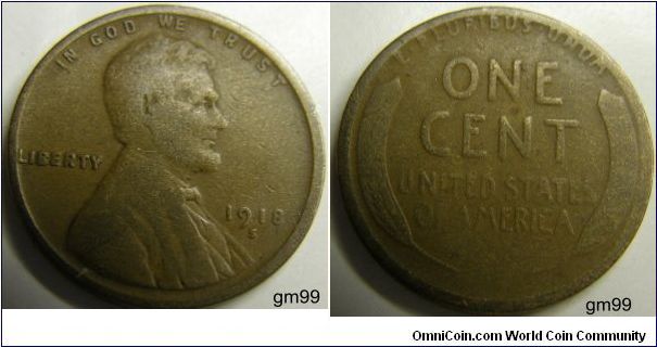 Bronze
1918S Wheat Penny
Composition: .950 Copper, .05 Tin and Zinc 
Diameter: 19 mm 
Weight: 3.11 grams 
Edge: Plain