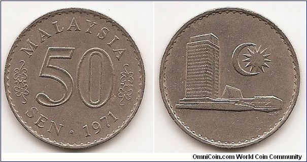 50 Sen
KM#5.3
9.3000 g., Copper-Nickel, 27.8 mm. Obv: Value Rev:
Parliament house, MALAYSIA BANK NEGARA (repeated)