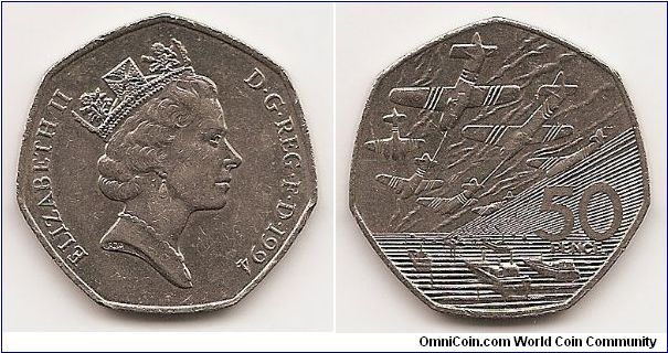 50 Pence
KM#966
13.5000 g., Copper-Nickel, 30 mm. Ruler: Elizabeth II Subject:
50th Anniversary of Normandy Invasion Obv: Crowned head right
Rev: Boats and planes