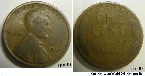 Bronze
1920 Wheat Penny
Composition: .950 Copper, .05 Tin and Zinc 
Diameter: 19 mm 
Weight: 3.11 grams 
Edge: Plain