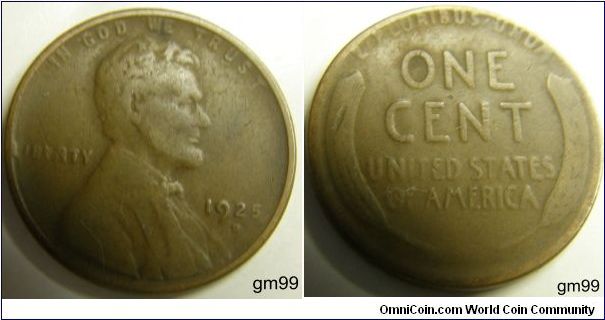 Bronze
1925D Wheat Penny
Composition: .950 Copper, .05 Tin and Zinc 
Diameter: 19 mm 
Weight: 3.11 grams 
Edge: Plain