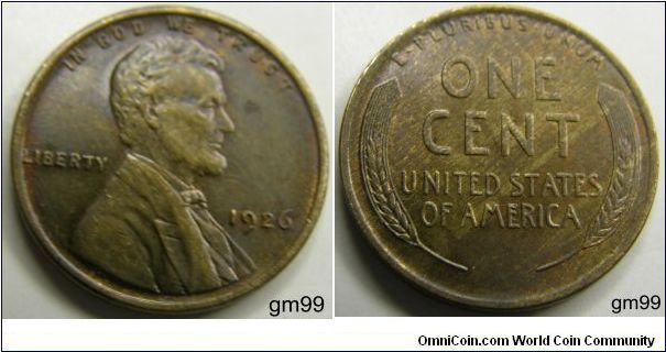 Bronze
Very Nice Tones
1926 Wheat Penny
Composition: .950 Copper, .05 Tin and Zinc 
Diameter: 19 mm 
Weight: 3.11 grams 
Edge: Plain