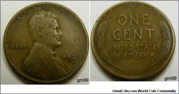 Bronze
1926D Wheat Penny
Composition: .950 Copper, .05 Tin and Zinc 
Diameter: 19 mm 
Weight: 3.11 grams 
Edge: Plain
