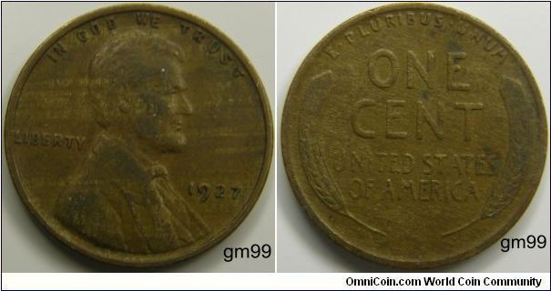 Bronze
1927 Wheat Penny
Composition: .950 Copper, .05 Tin and Zinc 
Diameter: 19 mm 
Weight: 3.11 grams 
Edge: Plain