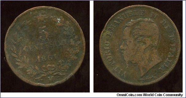 1861M
Star above value & wreath
Victor Emanuele II
Mint mark M = Milan