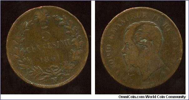 1861N
Star above value & wreath
Victor Emanuele II
Mint mark N = Naples