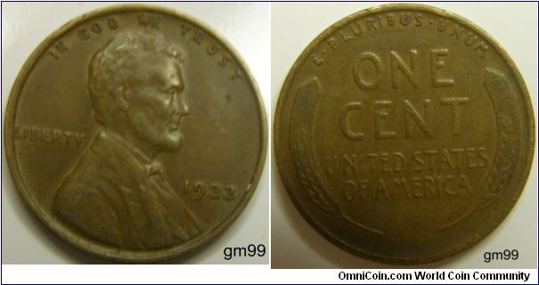 Bronze
1933 Wheat Penny
Composition: .950 Copper, .05 Tin and Zinc 
Diameter: 19 mm 
Weight: 3.11 grams 
Edge: Plain
