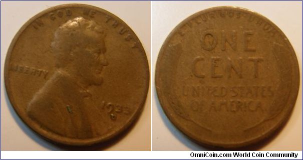 Bronze
1933D wheat Penny
Composition: .950 Copper, .05 Tin and Zinc 
Diameter: 19 mm 
Weight: 3.11 grams 
Edge: Plain