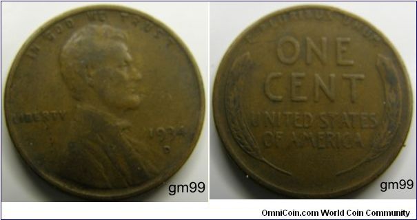 Bronze
1934D Wheat Penny
Composition: .950 Copper, .05 Tin and Zinc 
Diameter: 19 mm 
Weight: 3.11 grams 
Edge: Plain