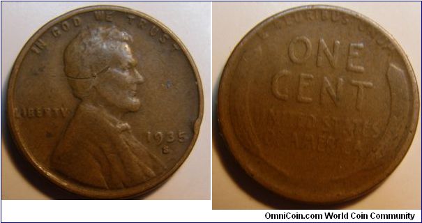 Bronze
1935S Wheat Penny
Composition: .950 Copper, .05 Tin and Zinc 
Diameter: 19 mm 
Weight: 3.11 grams 
Edge: Plain