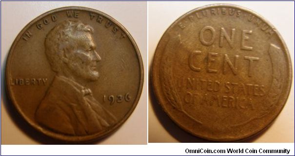 Bronze
1936 Wheat Penny
Composition: .950 Copper, .05 Tin and Zinc 
Diameter: 19 mm 
Weight: 3.11 grams 
Edge: Plain