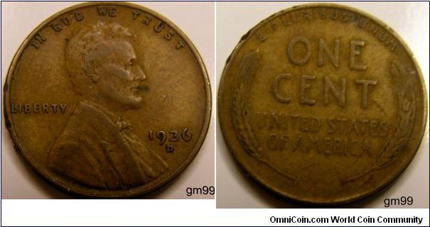 Bronze
1936D Wheat Penny
Composition: .950 Copper, .05 Tin and Zinc 
Diameter: 19 mm 
Weight: 3.11 grams 
Edge: Plain