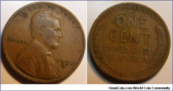 Bronze
1937D Wheat Penny
Composition: .950 Copper, .05 Tin and Zinc 
Diameter: 19 mm 
Weight: 3.11 grams 
Edge: Plain