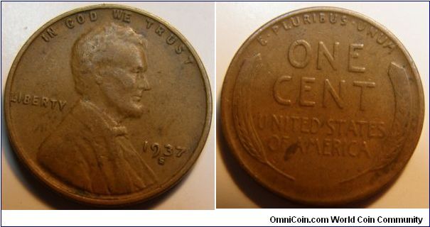 Bronze
1937S Wheat Penny
Composition: .950 Copper, .05 Tin and Zinc 
Diameter: 19 mm 
Weight: 3.11 grams 
Edge: Plain