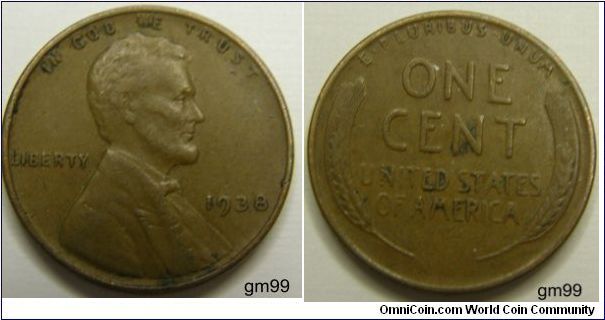Bronze
1938 Wheat Penny
Composition: .950 Copper, .05 Tin and Zinc 
Diameter: 19 mm 
Weight: 3.11 grams 
Edge: Plain