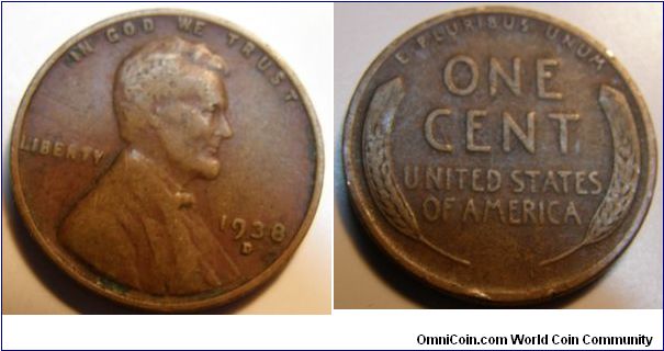 Bronze/Red Tone
1938D Wheat Penny
Composition: .950 Copper, .05 Tin and Zinc 
Diameter: 19 mm 
Weight: 3.11 grams 
Edge: Plain