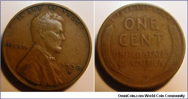 Bronze
1938S Wheat Penny
Composition: .950 Copper, .05 Tin and Zinc 
Diameter: 19 mm 
Weight: 3.11 grams 
Edge: Plain