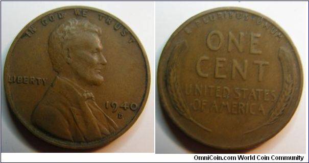 Bronze
1940D Wheat Penny
Composition: .950 Copper, .05 Tin and Zinc 
Diameter: 19 mm 
Weight: 3.11 grams 
Edge: Plain