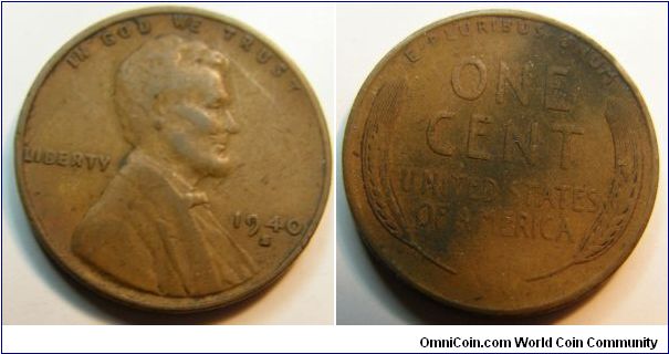 Bronze
1940S Wheat Penny
Composition: .950 Copper, .05 Tin and Zinc 
Diameter: 19 mm 
Weight: 3.11 grams 
Edge: Plain