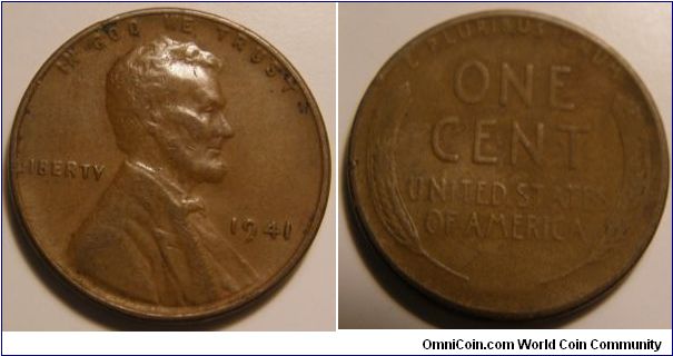 Bronze
1941 Wheat Penny
Composition: .950 Copper, .05 Tin and Zinc 
Diameter: 19 mm 
Weight: 3.11 grams 
Edge: Plain