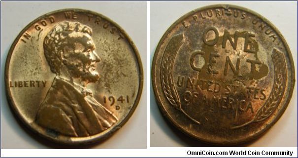 Bronze
1941D Wheat Penny
Composition: .950 Copper, .05 Tin and Zinc 
Diameter: 19 mm 
Weight: 3.11 grams 
Edge: Plain
