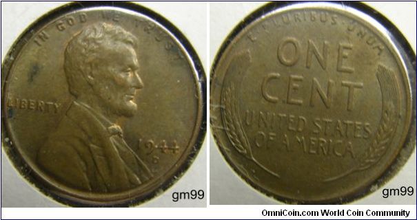 1944D Wheat Penny
Composition: .950 Copper .05 Zinc 
Diameter: 19 mm 
Weight: 2.70 grams 
Edge: Plain