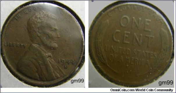 1944S Wheat Penny
Composition: .950 Copper .05 Zinc 
Diameter: 19 mm 
Weight: 2.70 grams 
Edge: Plain