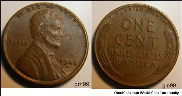 1945D Wheat Penny Obverse; IN GOD WE TRUST, Lincoln head right, Liberty left, date right. Reverse: E PLURIBUS UNUM, ONE CENT,WHEAT ON EACH SIDE OF THE UNITED STATES OF AMERICA. Copper-Zinc.