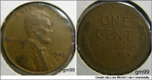 1945S Wheat Penny Obverse; IN GOD WE TRUST, Lincoln head right, Liberty left, date right. Reverse: E PLURIBUS UNUM, ONE CENT,WHEAT ON EACH SIDE OF THE UNITED STATES OF AMERICA.Mintage:
Circulation strikes: 181,770,000