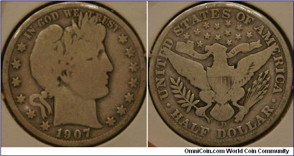 Liberty Head/Barber half dollar, 1907 D, 30.6 mm, Ag