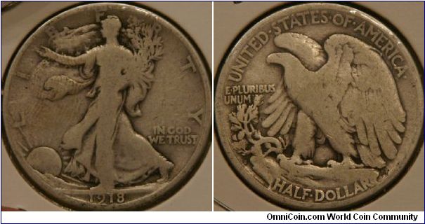 Liberty Walking half dollar, 1918 S, 30.6 mm, Ag