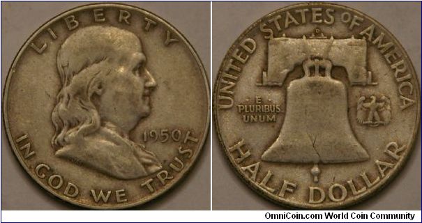 Ben Franklin half dollar, 1950 D, 30.6 mm, Ag