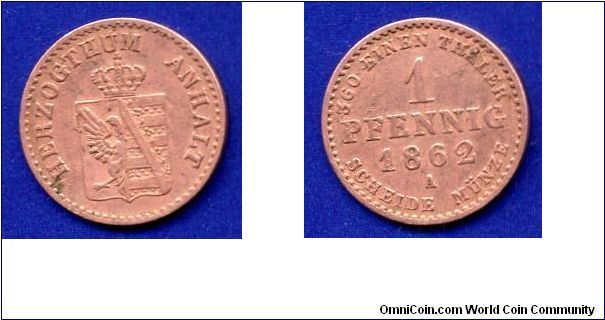 1 pfennig.
Duchy of Anhalt.
Alexander Karl (1834-1863).


Cu.