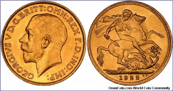 Perth Mint sovereign of George V, the only common mintmark for this date.