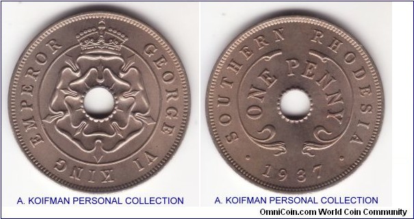 KM-8, 1937 Southern Rhodesia penny; copper-nickel, plai edge; brilliant uncirculated