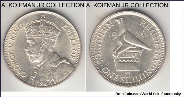 KM-3, 1936 Southern Rhodesia shilling; silver, reeded edge; George V, lustrous uncirculated.
