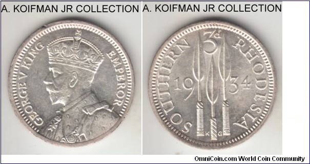 KM-1, 1934 Southern Rhodesia 3 pence; silver, plain edge; early George V, bright white uncirculated or almost.