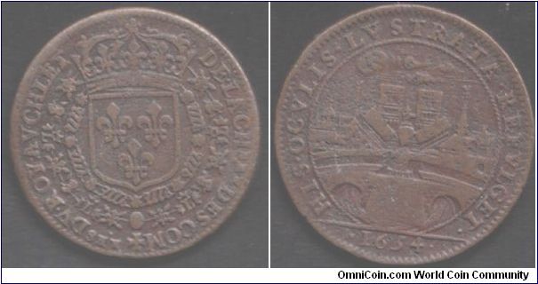 A rare copper jeton issued for the Commissaires du Chatelet (Police Commissioners / Judges)under Louis XIV. Reverse shows scene of Chatelet and Notre Dame, Paris.