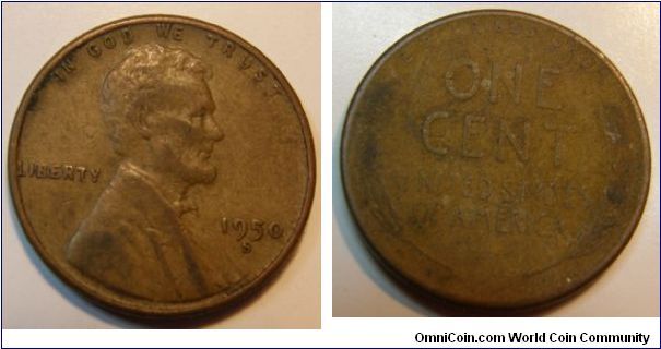 Bronze 
1950S Wheat Penny
Composition: .950 Copper, .05 Tin and Zinc 
Diameter: 19 mm 
Weight: 3.11 grams 
Edge: Plain